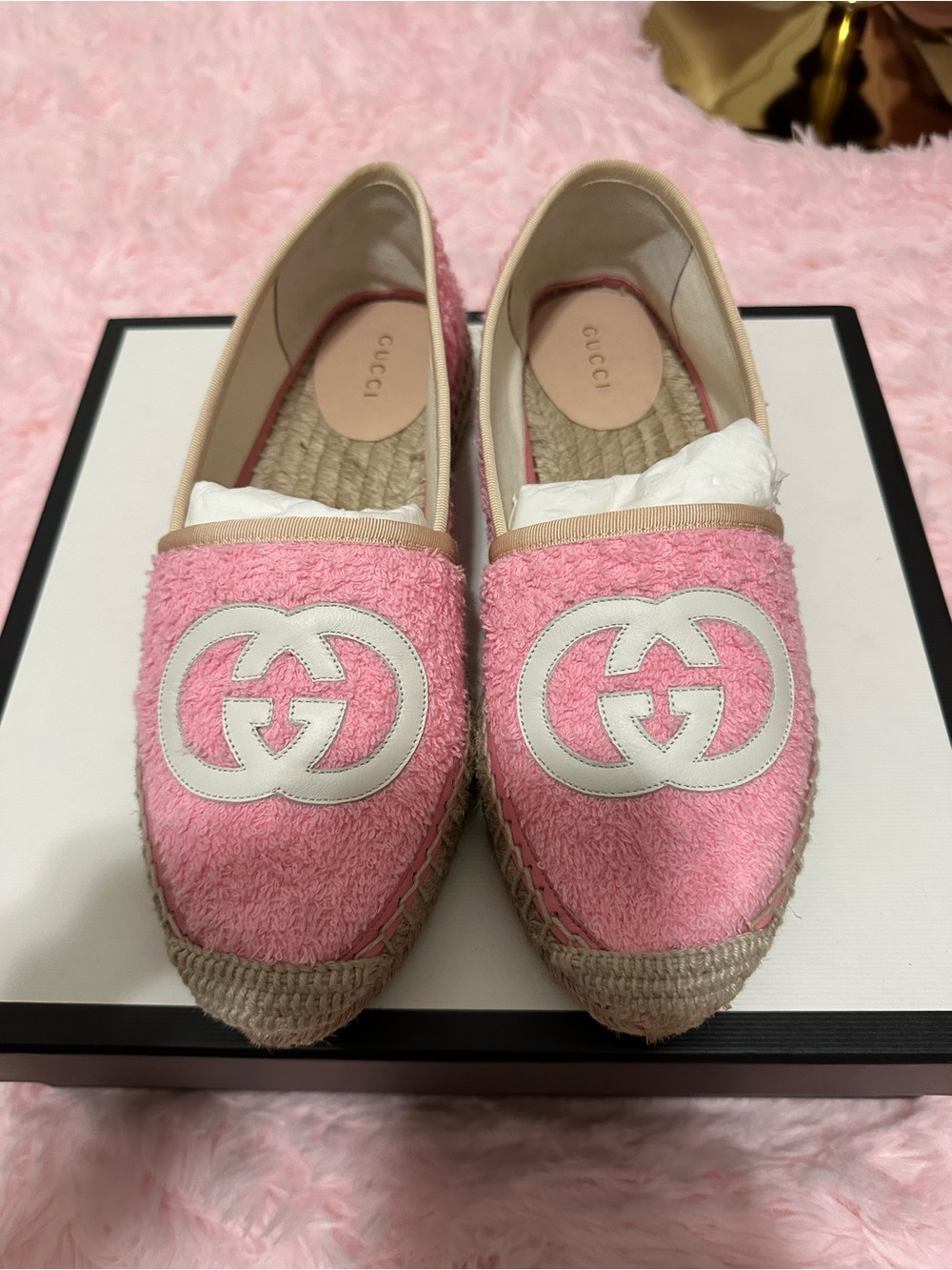 Gucci Pink Terry Cloth Espadrille Flats with White Logo